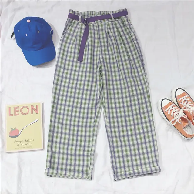 Japanese Mori Women'S Retro Plaid Elastic Waist Lace Up Casual Straight Pants Green - Shop at LoveMi