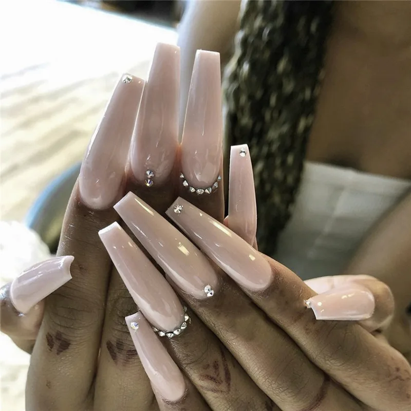 Evaporated Milk Tea Colour Full Diamond Long Ballet Wear Nail Finished Nail Patch - Milk Tea Colour