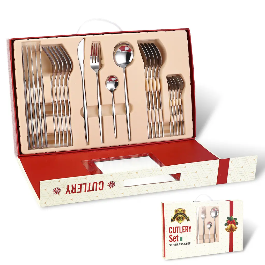 Portugal Stainless Steel Knife, Fork And Spoon Gold-Plated Spray Paint 24-Piece Gift Tableware Set - Silver