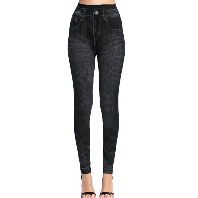 Vertical Stripes Imi Tation Denim Leggings Slim Hip Cropped Trousers Black - Shop at LoveMi