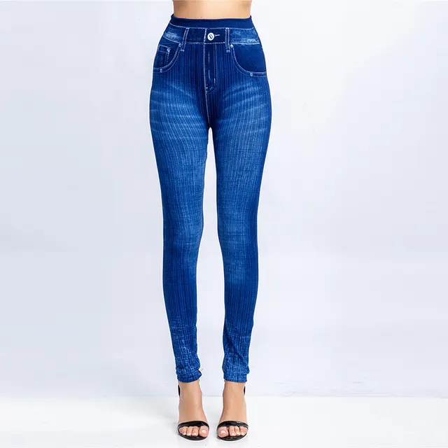 Vertical Stripes Imi Tation Denim Leggings Slim Hip Cropped Trousers Blue - Shop at LoveMi