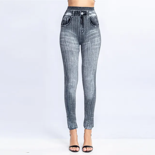 Vertical Stripes Imi Tation Denim Leggings Slim Hip Cropped Trousers Grey - Shop at LoveMi