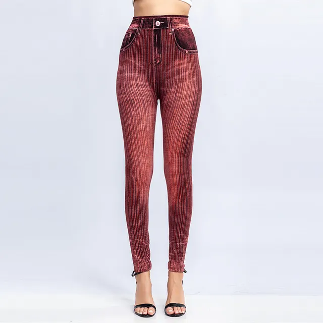 Vertical Stripes Imi Tation Denim Leggings Slim Hip Cropped Trousers Red - Shop at LoveMi