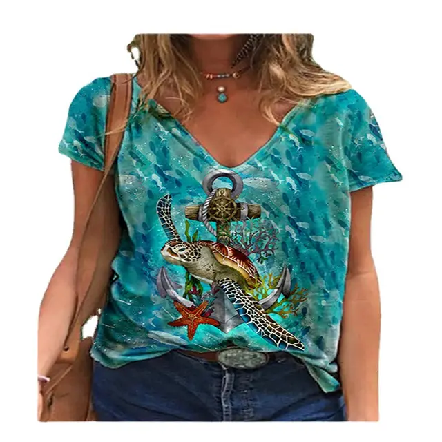 Summer New Style European And American Women'S Turtle Vs Cross Print Women'S Loose V Neck T Shirt Green - Shop at LoveMi