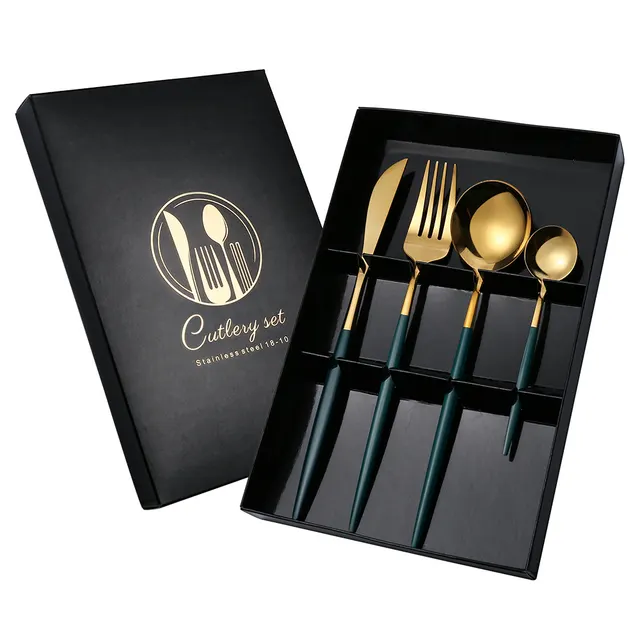 Four Piece Set, Golden Knife And Fork, Portuguese Western Tableware Set 4Piece Green And Gold - Shop at LoveMi