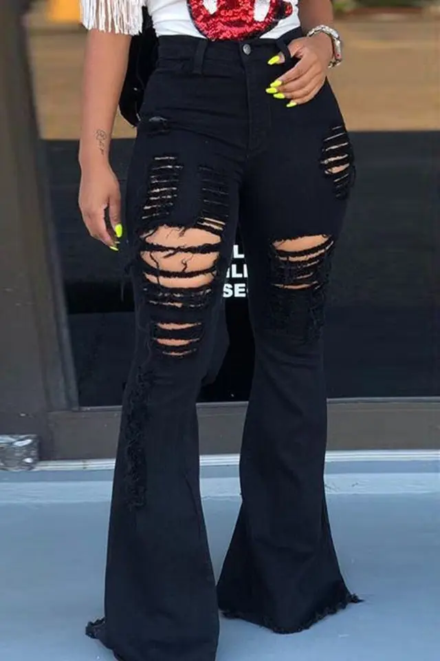 High Waisted Retro Stretch Hip Lifting Ripped Wide Leg Flared Jeans Black - Shop at LoveMi