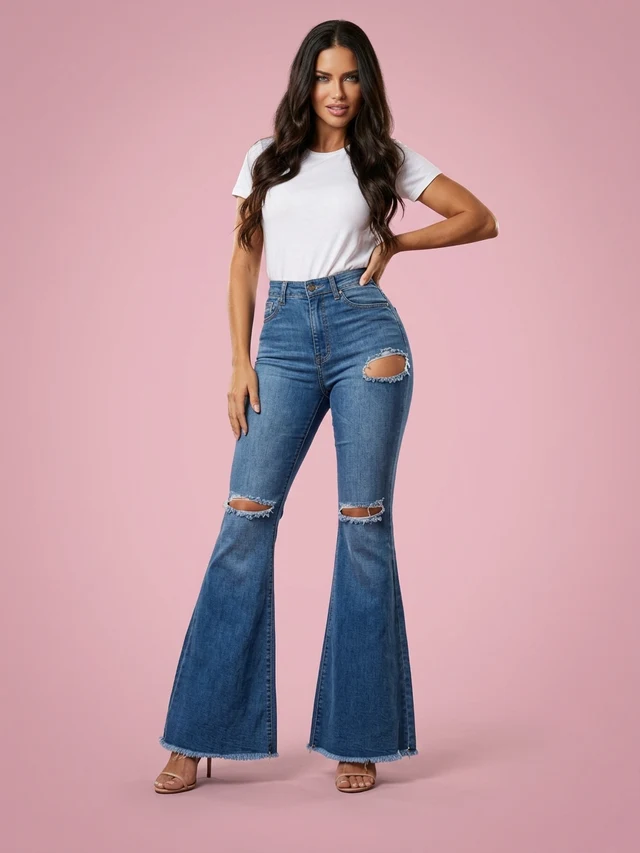 High Waisted Retro Stretch Hip Lifting Ripped Wide Leg Flared Jeans Dark Blue - Shop at LoveMi