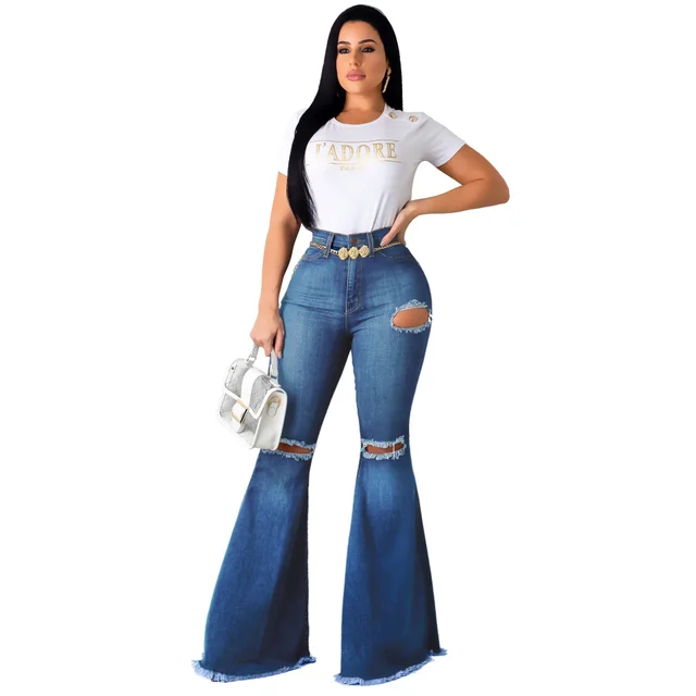 High Waisted Retro Stretch Hip Lifting Ripped Wide Leg Flared Jeans Dark Blue - Shop at LoveMi