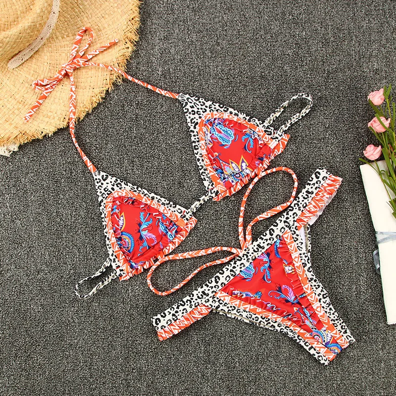 New Cross Border Strappy Split Swimsuit Feminine Stitching Halter Printed Bikini Red - Shop at LoveMi