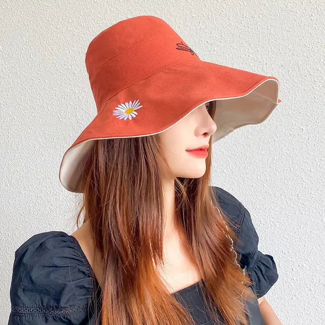 Double sided Small Daisy Big Brim Washbasin Hat Outdoor Orange - Shop at LoveMi