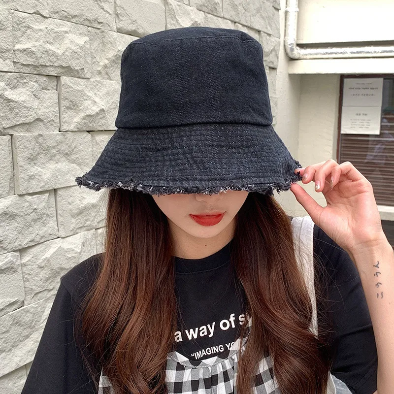Old Washed Denim Fisherman Hat Women Casual Fashion All match Black - Shop at LoveMi