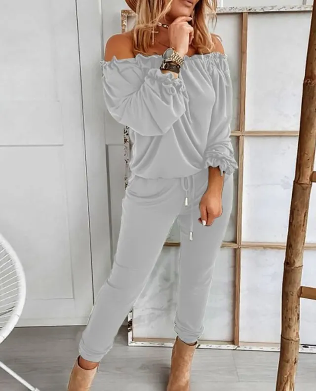 Solid Color Ruffled One Shoulder Casual Trousers Suit Grey - Shop at LoveMi