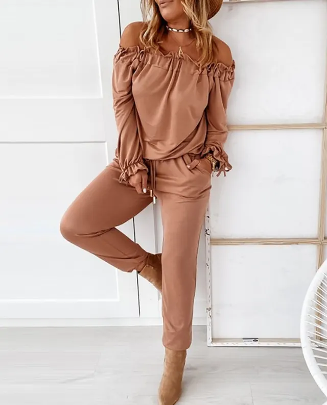 Solid Color Ruffled One Shoulder Casual Trousers Suit Pink - Shop at LoveMi