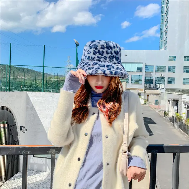 Fisherman Hat Female Autumn And Winter Fashion Wild Spotted Warm Plush Basin Hat Blue - Shop at LoveMi