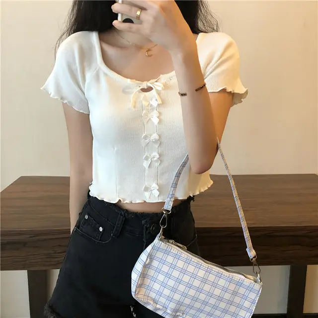 Temperament Square Collar Solid Color Knitted Female Cute Butterfly Student Blouse With Wood Ears White - Shop at LoveMi