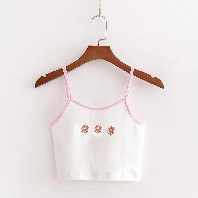 Women's Daisy Embroidery Short Striped Camisole Vest White - Shop at LoveMi
