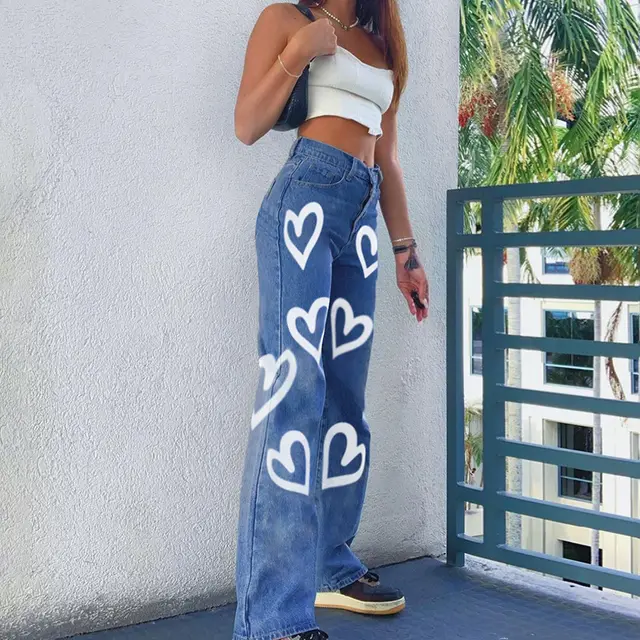 Graffiti Print Loose Straight Jeans Women's Fashion High Waist Casual Pants Dark Blue - Shop at LoveMi