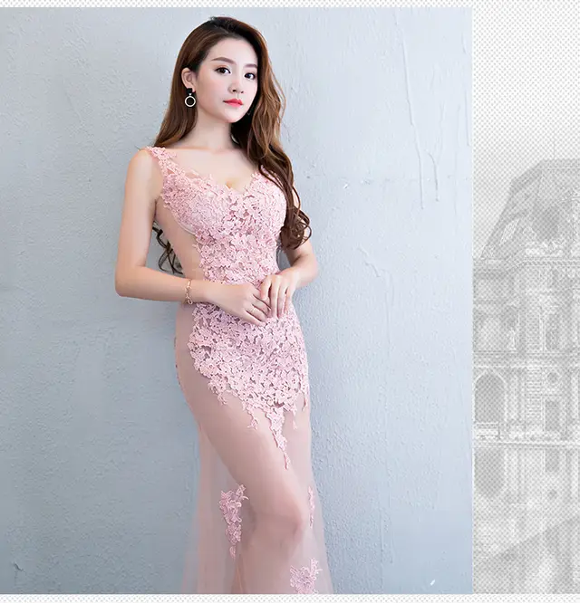 Lace Transparent Mermaid Evening Dress Bean Paste - Shop at LoveMi
