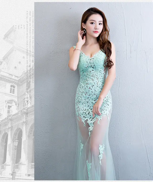 Lace Transparent Mermaid Evening Dress Green - Shop at LoveMi