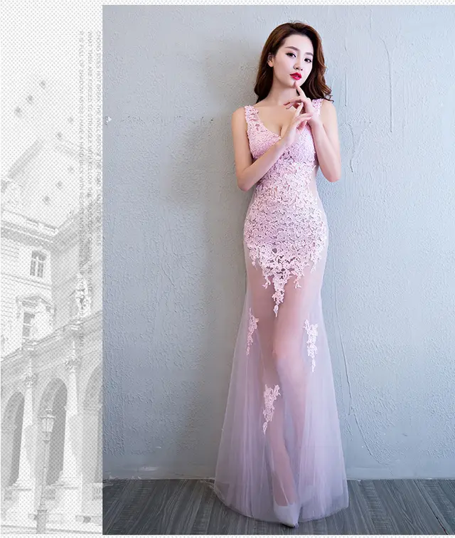 Lace Transparent Mermaid Evening Dress Light Pink - Shop at LoveMi