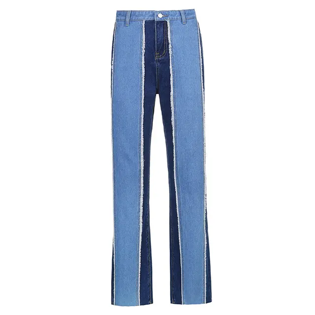 Fashion Stitching Contrast Color High Waist Slim Straight leg Pants Casual Jeans Blue - Shop at LoveMi