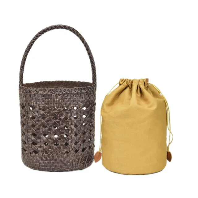 Woven Small Bucket Bag Hollowed Out Vegetable Tanning Pure Black - Shop at LoveMi