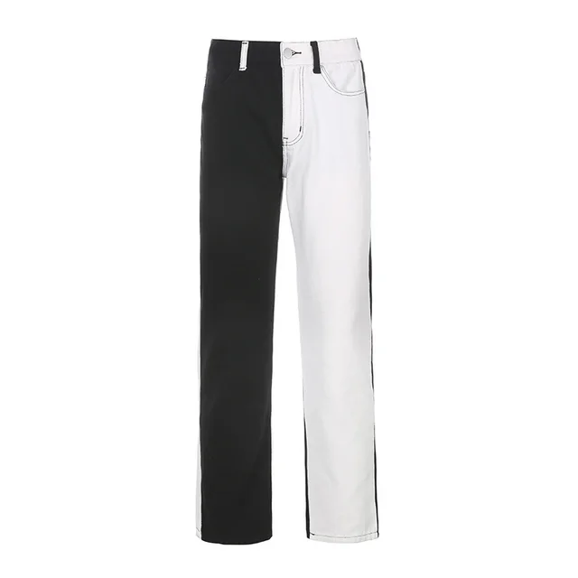 Ladies Jeans High Waist Contrast Stitching Straight High Waist Jeans White Black - Shop at LoveMi