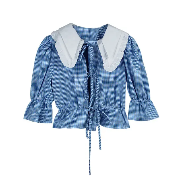 French Retro Doll Collar Shirt New Summer Female Puff Sleeve Design Niche Shirt Short Sleeve Top Blue - Shop at LoveMi