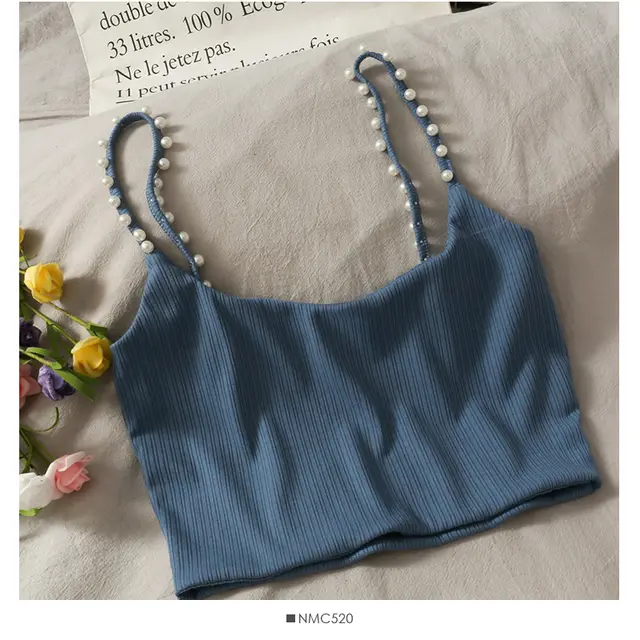 Vest French Beaded Short Niche Shirt Suspenders Women's Sweet Self cultivation Was Thin And All match Autumn Blue - Shop at LoveMi