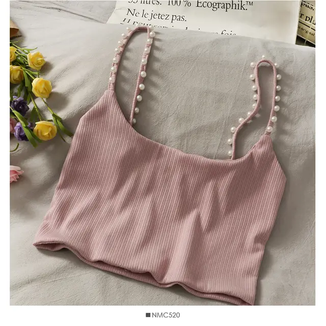 Vest French Beaded Short Niche Shirt Suspenders Women's Sweet Self cultivation Was Thin And All match Autumn Pink - Shop at LoveMi