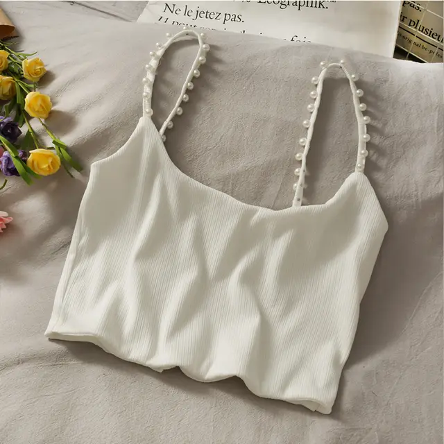 Vest French Beaded Short Niche Shirt Suspenders Women's Sweet Self cultivation Was Thin And All match Autumn White - Shop at LoveMi