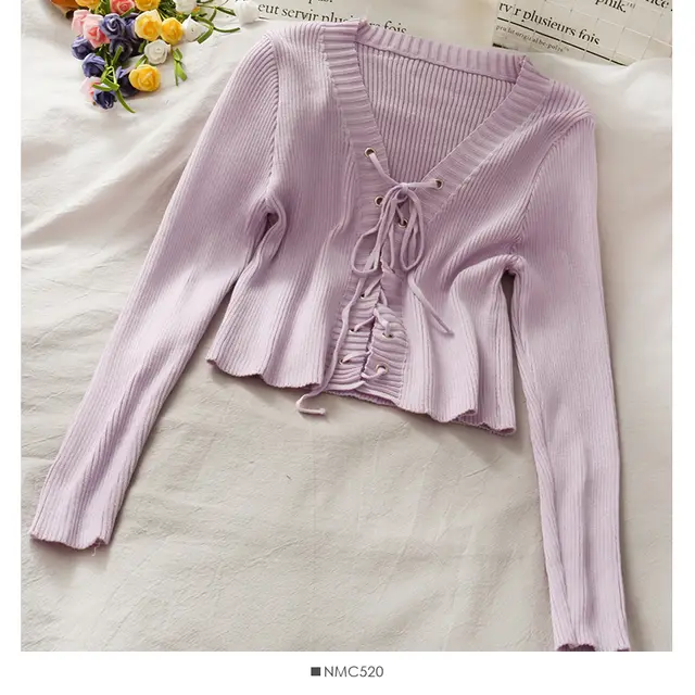 Slim fit Rope Tie V neck Long sleeved knit Sweater Tops Women's Color Versatile Pumping Slimming Shirt Purple - Shop at LoveMi