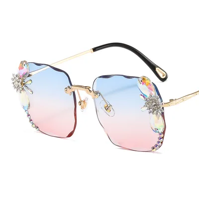 Frameless Trendy Rhinestone Sunglasses, Gradient Luxury Sunglasses Women Blue - Shop at LoveMi