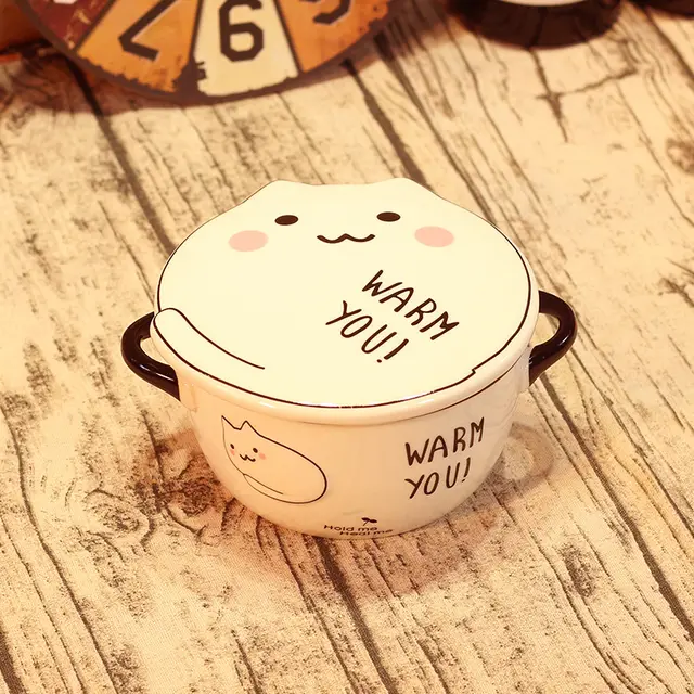 Kawaii Japanese Cat Bowl High Capacity Spoon with Lid Ceramics Instant Noodle Bowl Young Girl Dorm Room Student Office Bowls Mug White - Shop at LoveMi