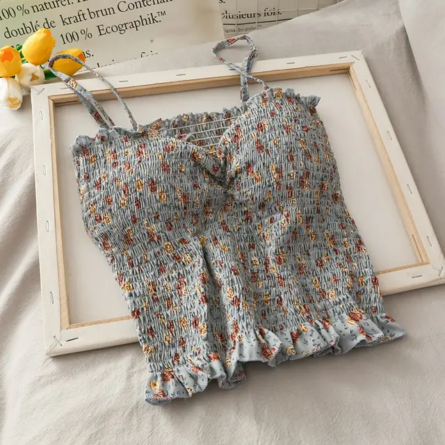 Skinny Tight Fitting Camisole With Wooden Ears Women'S Summer Folded Tight Chiffon Vest Blue - Shop at LoveMi