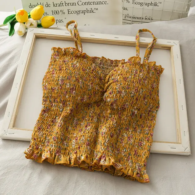 Skinny Tight Fitting Camisole With Wooden Ears Women'S Summer Folded Tight Chiffon Vest Yellow - Shop at LoveMi