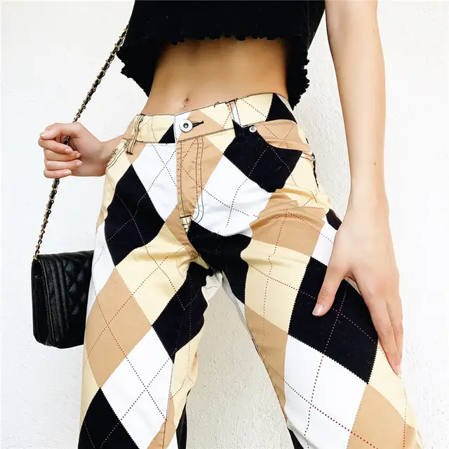 Plaid Multi Color Block Cargo Pants Women Vintage Trousers Khaki - Shop at LoveMi
