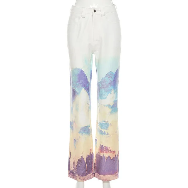 High Waist Straight Print Slim Street Trend All match Casual Pants White - Shop at LoveMi