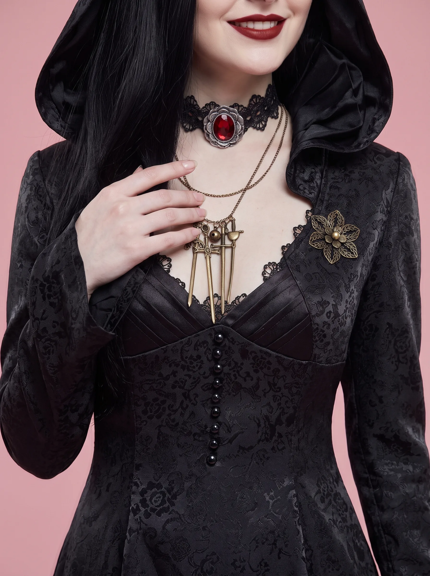 Hooded Vampire Costume Long Dress for Women - Black - View 2