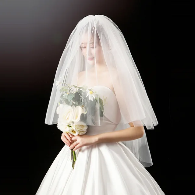 Short Bridal Wedding Veils Two Layer with Metal Combe White Veil for Party Bridal Veil White - Shop at LoveMi