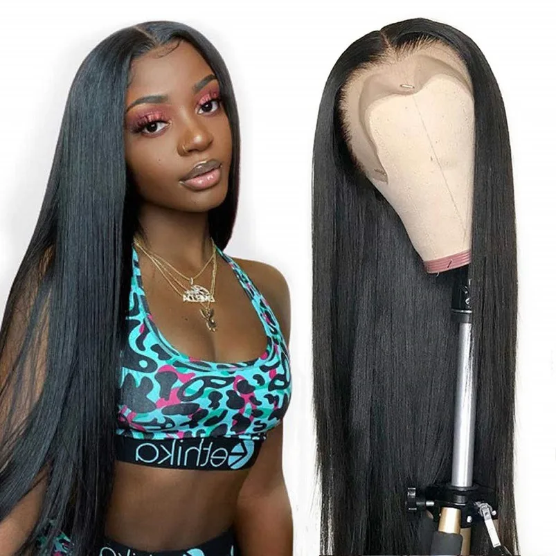 European And American Wig Women's Black Front Lace Split Long Straight Hair Chemical Fibre Headgear Cross Border For Manufacturers In Stock - 20Inches
