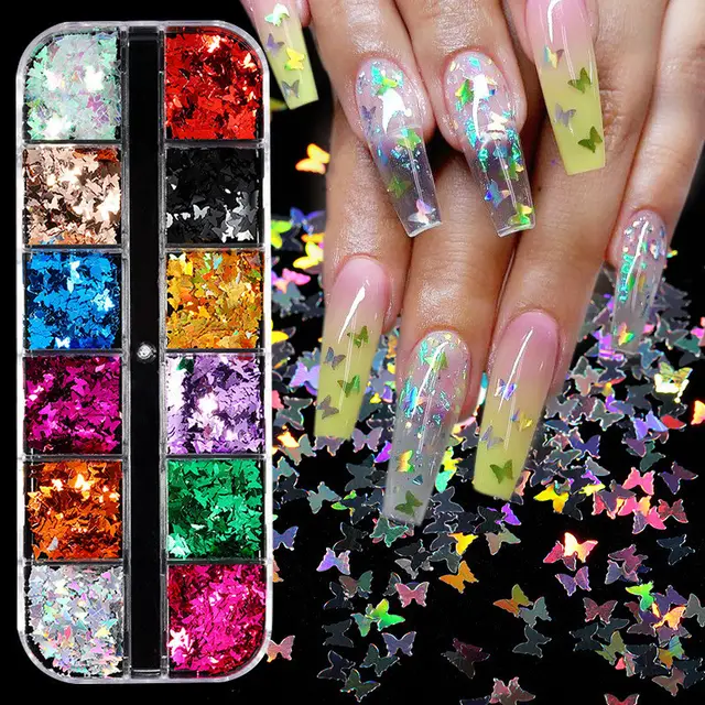 Cross Border Nail Art Butterfly Sequin Thin Net Red Eye Makeup Patch Laser Symphony Glitter Powder 12 Color Set 1 Style - Shop at LoveMi