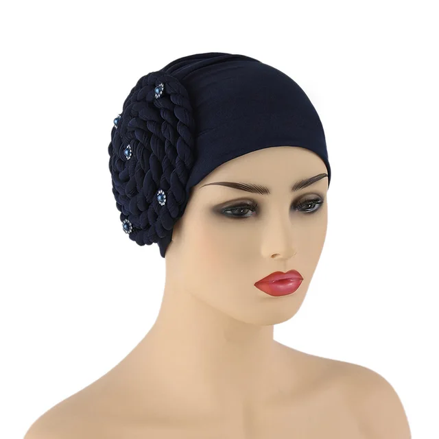 Muslim European And American Side Braids Set Diamonds, Monochrome Milk Silk Toe Caps, Indian Caps In Stock Navy - Shop at LoveMi