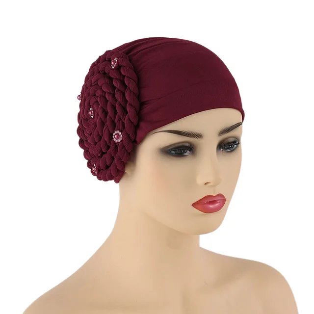 Muslim European And American Side Braids Set Diamonds, Monochrome Milk Silk Toe Caps, Indian Caps In Stock Wine Red - Shop at LoveMi