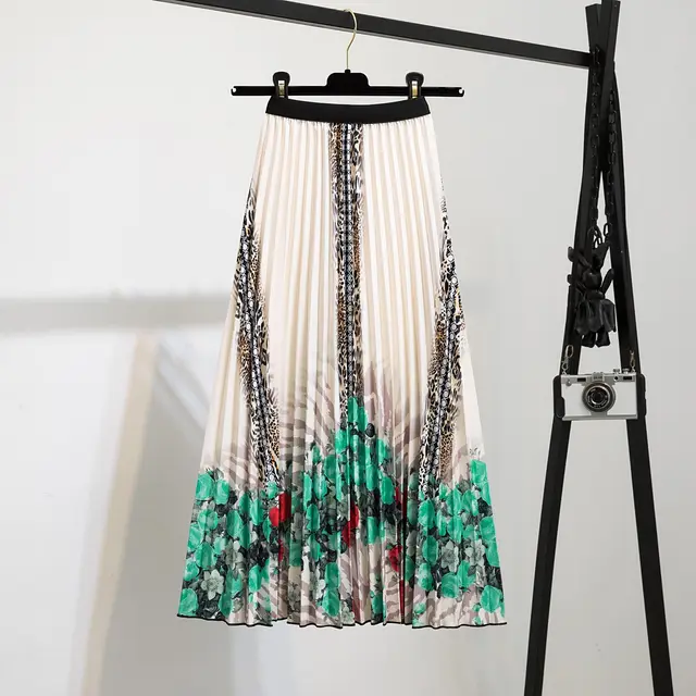 Printed Mid Length Pleated Large Hem A Line Skirt Green - Shop at LoveMi
