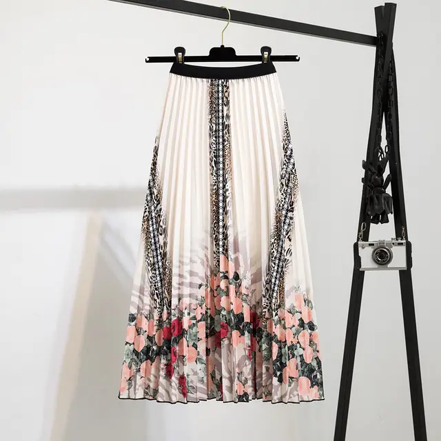 Printed Mid Length Pleated Large Hem A Line Skirt Pink - Shop at LoveMi
