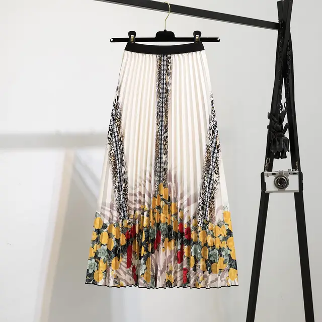 Printed Mid Length Pleated Large Hem A Line Skirt Yellow - Shop at LoveMi