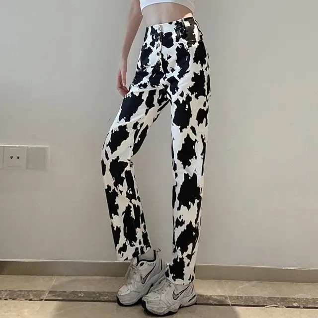 Cow Print Jeans Women's All match Slim Straight leg Pants Black - Shop at LoveMi