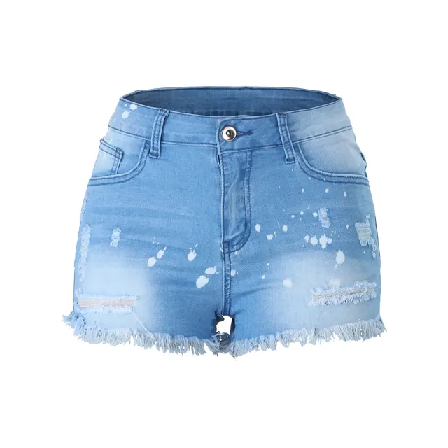 Women's Denim Shorts With Fringed Holes Blue - Shop at LoveMi