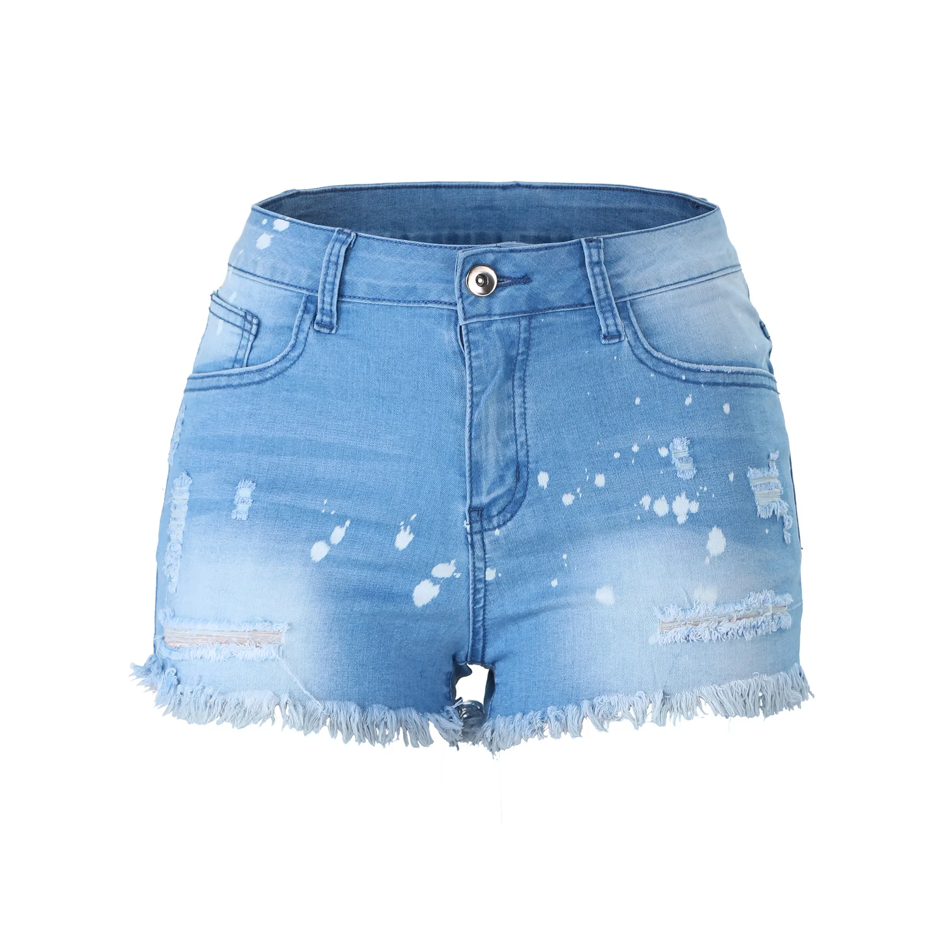 Women's Denim Shorts With Fringed Holes - Blue